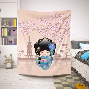Keiko Kokeshi-pop - Blauwe Kimono Geisha-meisje Sherpa Deken