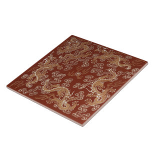 Keizer Rood & Gouden Draak Zijde Kunst Tegeltje