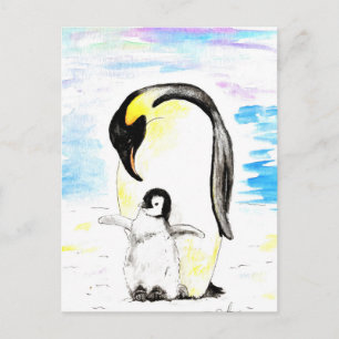Keizerspinguïn en Kuiken Aquarel Schilderij Briefkaart