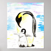 Keizerspinguïn en Kuiken Aquarel Schilderij