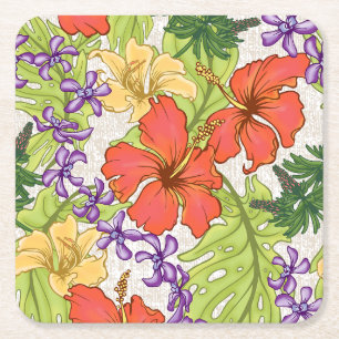 Keleah Tropische Hawaiiaanse Hibiscus en Orchideeë Vierkante Kartonnen Onderzetter