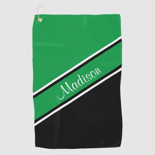 Kelly Green Black Diagonal Stripe Script Name Golfhanddoek (Voorkant)