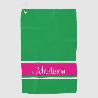 Kelly Green Pink Stripe Script Name Golfhanddoek
