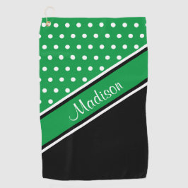 Kelly Green Polka Dot Black Diagonal Script Name Golfhanddoek