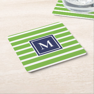 Kelly Green Stripe Modern Monogram Kuststrand Vierkante Kartonnen Onderzetter