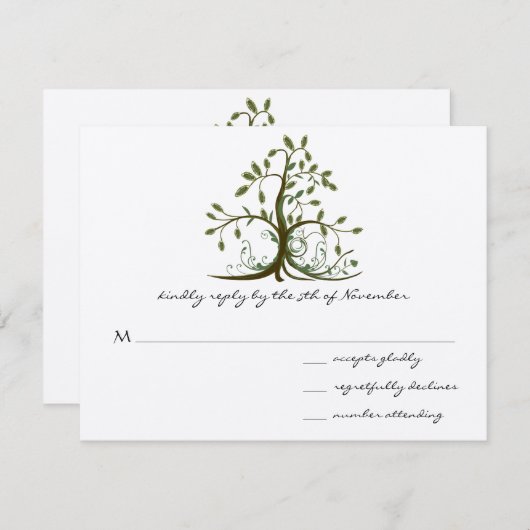 Kelly Green Whimsical Swirl Tree Wedding RSVP (Devant / Derrière)