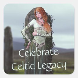 Keltische dame poseert voor oude stenen vierkante sticker