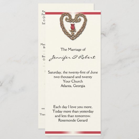 Keltische Hart met Rode Roos Wedding Programma (Voorkant / Achterkant)