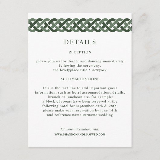 Keltische knoop | Groene bruiloft informatie gast Informatiekaartje (Voorkant)