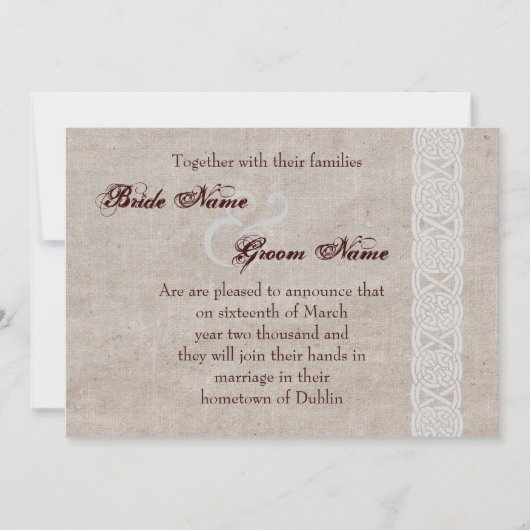 Keltische knoop op ruw jute Iers traditioneel Save The Date (Voorkant)