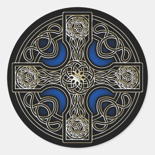 Keltische kruisblauwe kleur ronde sticker (Voorkant)