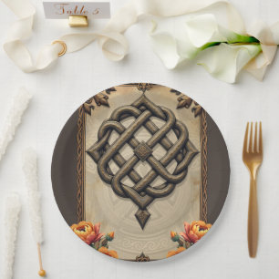 Keltische kunst en bloemenpracht in warme tinten. papieren bordje