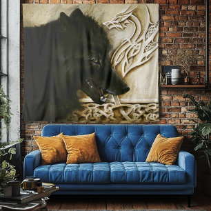 Keltische zwarte wolf wandkleed