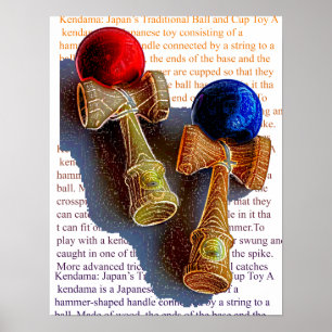 Kendama, Rood en Blauwe Kleur Schets Poster