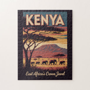 Kenia Olifanten Illustratie Reis Kunst Vintage Legpuzzel