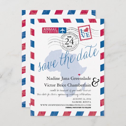 KENIA Zuid-Afrika Airmail Wedding Save the Date Aankondigingskaart (Voorkant / Achterkant)