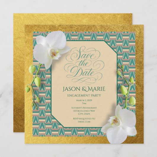 Kente Save the Date Invitation Teal & Gold (Devant / Derrière)
