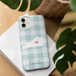 Kentucky State Silhouette op Rustic Mint Plaid iPhone 16 Hoesje
