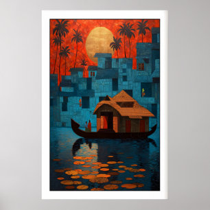 Kerala-huisboot wandkunst zonsondergang, waterleli poster
