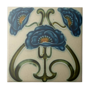 Keramiektegel - Art Nouveau Drie Blauwe Papavers Tegeltje
