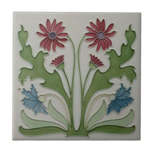 Keramiektegel - Art Nouveau Rood & Blauw Bloemmoti Tegeltje