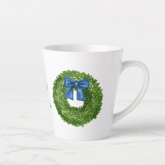 Keramische beker met Buxuskrans en Blauwe Strik Latte Mok (Rechts)