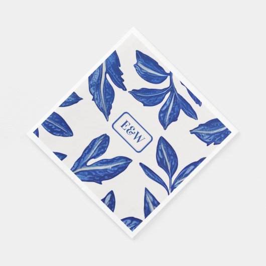 Keramische bladeren in blauw op wit - Hun Initiaal Servet (Hoek)