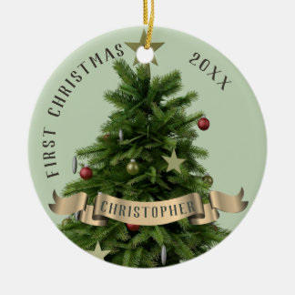 Keramische kerstbal in salie groen voor de eerste  keramisch ornament