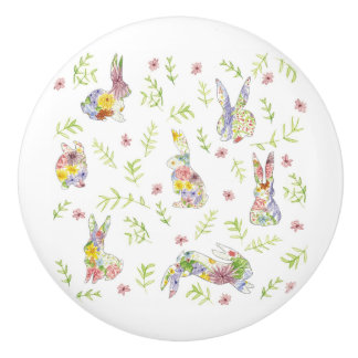 Keramische Knop met Wilde Bloemen Weide Konijnen