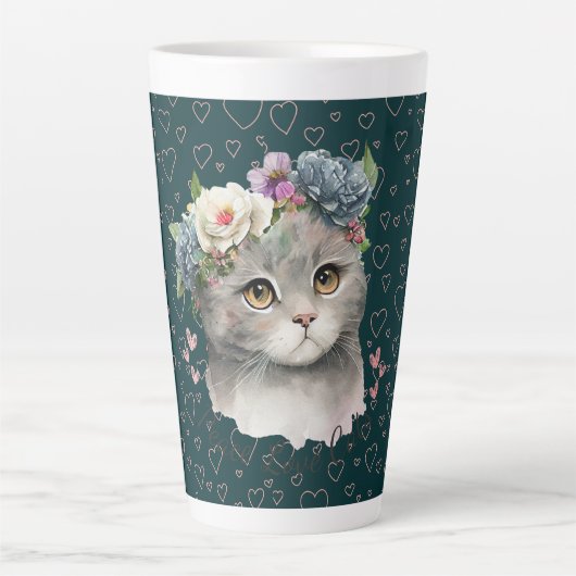 Keramische Latte Mok - Schattigee Cat & Wildflower (Voorkant)