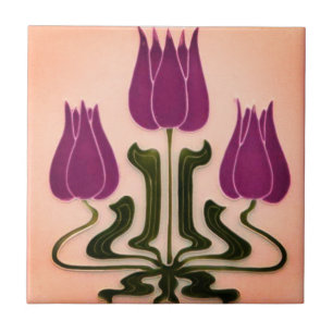 Keramische tegel - Art Nouveau roze/paarse bloemen Tegeltje
