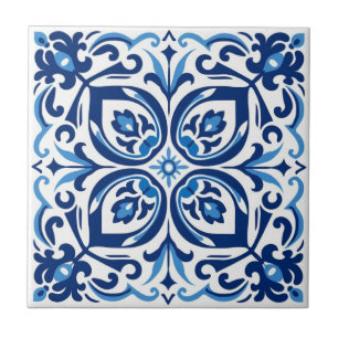 Keramische Tegel - Blauw/Wit Azulejo Bloemen Tegeltje