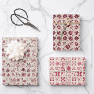 Keramische Tegel Bloempatroon in Roze & Rood Inpakpapier Vel