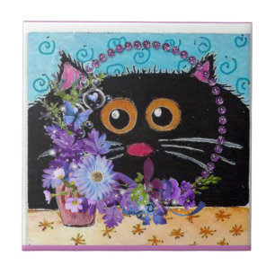 Keramische Tegel Floral Whimsical Cat Tegeltje