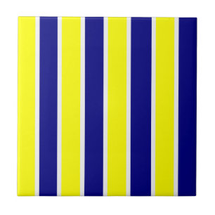 Keramische tegel geel & blauw witte streep vierkan tegeltje