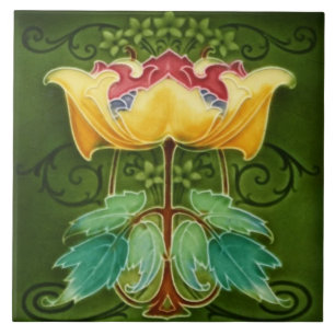 Keramische tegel - Gele bloem Art Nouveau Tegeltje