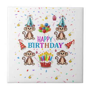 Keramische tegel Happy Birthday Monkey Cupcake Tegeltje