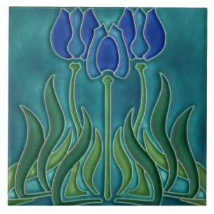Keramische tegel - Vintage blauwe tulpen art nouve Tegeltje