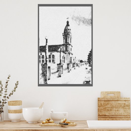 Kerk afbeelding in houtskool poster (Keuken)