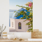 Kerk en bloemen in Santorini Poster (Keuken)