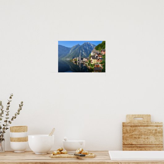 Kerk en dorp van Hallstatt, Oostenrijk met Alpen Poster (Keuken)