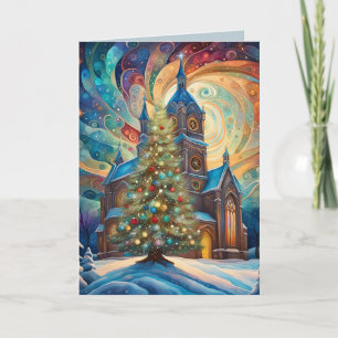 Kerk en kerstboom in moderne stijl feestdagen kaart
