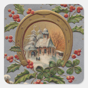 Kerk Holly Vier Bladklaver Goud Hoefijzer Vierkante Sticker