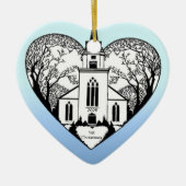 Kerk in een hart -  versiering keramisch ornament (Voorkant)
