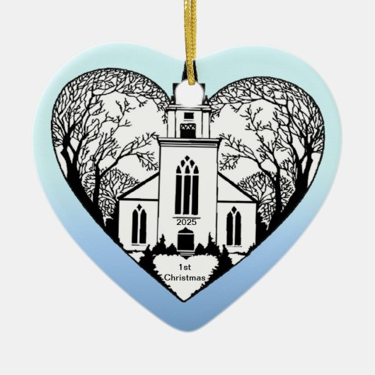 Kerk in een hart -  versiering keramisch ornament (Voorkant)