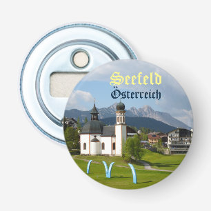 Kerk in Seefeld, Oostenrijk tekst Button Flesopener