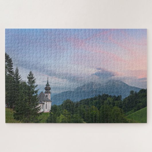 Kerk met Alpen-bergen bij zonsondergang Legpuzzel (Horizontaal)
