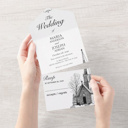 kerk minimalistische bruiloft all in one uitnodiging (Afscheurbaar)