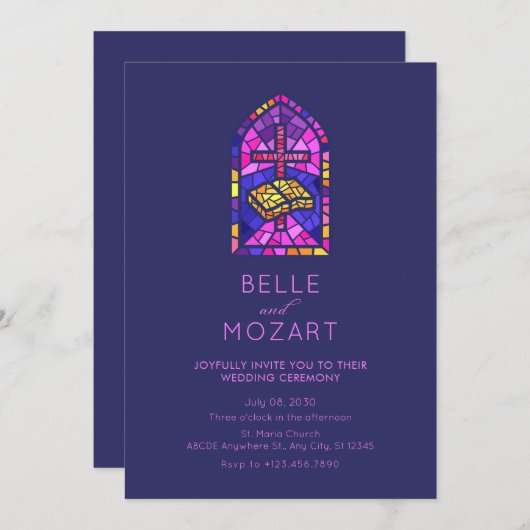 Kerk mozaïek venster kruis bijbel bruiloft ceremon kaart (Voorkant / Achterkant)