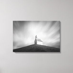 Kerk op een heuvel zwart-wit canvas afdruk